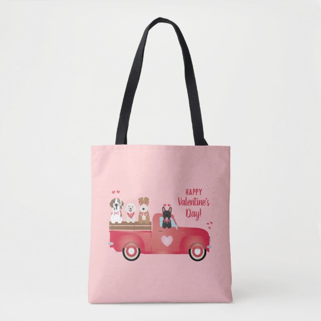 Happy Valentines Day Pickup Truck Love Dogs Tote Bag (Front)