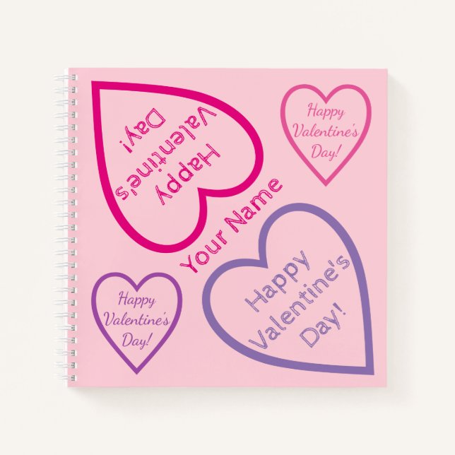Happy Valentines Day Pink and Purple Hearts Name Notebook (Front)