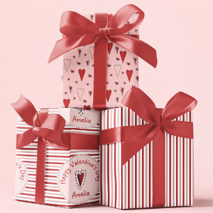 Happy Valentines Day Pink and Red Stripes & Hearts Wrapping Paper Sheet