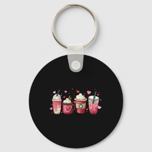 Happy Valentine's Day Pink Coffee Latte Cups Girls Key Ring