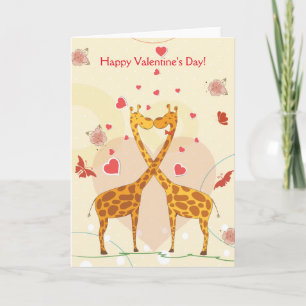 Happy Valentine's Day Pink Cute Giraffes Red Heart Holiday Card