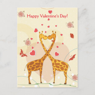 Happy Valentine's Day Pink Cute Giraffes Red Heart Holiday Postcard