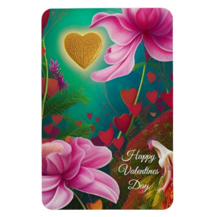 Happy Valentines Day -Pink Flowers and Hearts Magnet