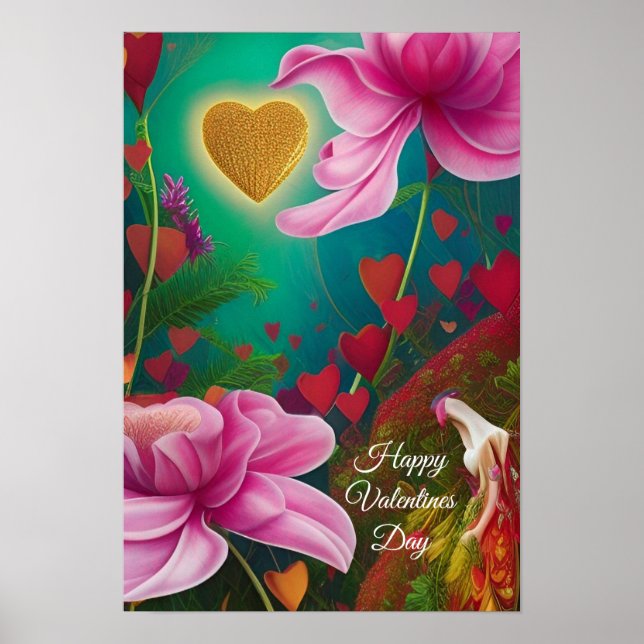 Happy Valentines Day -Pink Flowers and Hearts  Poster (Front)