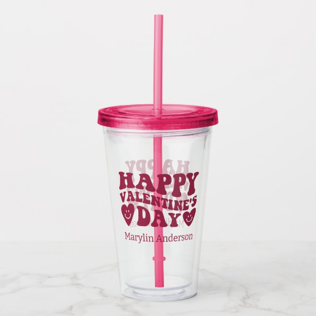 HAPPY VALENTINE'S DAY PINK GLITTER DRIP CUSTOM ACRYLIC TUMBLER (Front)
