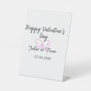 Happy Valentine's day pink heart bow name date sty Pedestal Sign