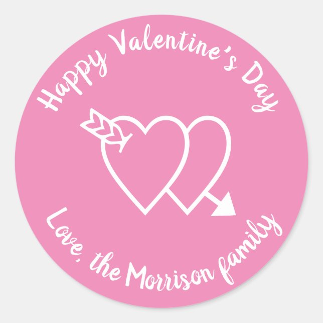 Happy Valentine's Day pink hearts custom text Classic Round Sticker (Front)