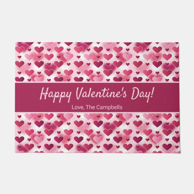 Happy Valentine's Day Pink Hearts & Custom Text Doormat (Front)