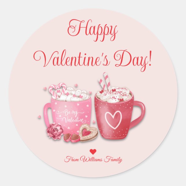 happy valentines day,pink hot chocolate stylish classic round sticker (Front)