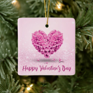 Happy Valentine's Day Pink Hyacinth Lovely Heart Ceramic Ornament