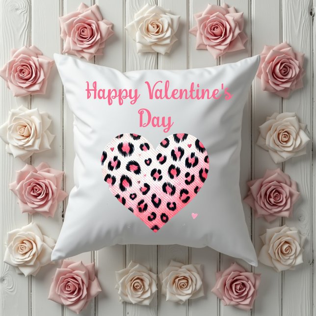 happy valentine's day pink leopard heart cushion (Creator Uploaded)