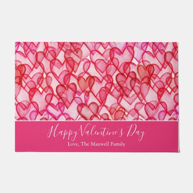 Happy Valentine's Day pink red hearts name doormat (Front)