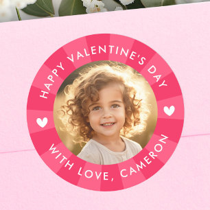 Happy Valentines day pink sunburst photo Classic Round Sticker