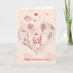 Happy Valentine's Day Pink Whimsical Flowers Birds Holiday Card