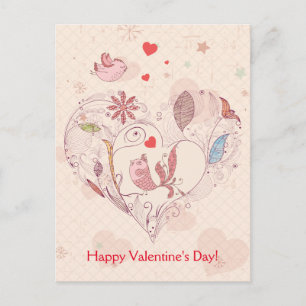 Happy Valentine's Day Pink Whimsical Flowers Birds Holiday Postcard