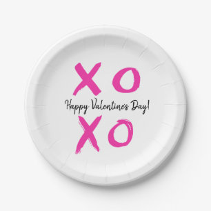 Happy Valentine's Day Pink white XOXO Paper Plate