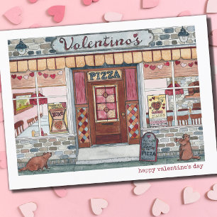 Happy Valentine's Day Pizza Shop Watercolor Holiday Postcard