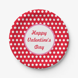 Happy Valentine's Day Polka Dot Paper Plates (Red)