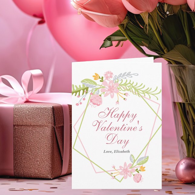 Happy Valentines Day Pretty Pink Floral Custom Card (Creator Uploaded)