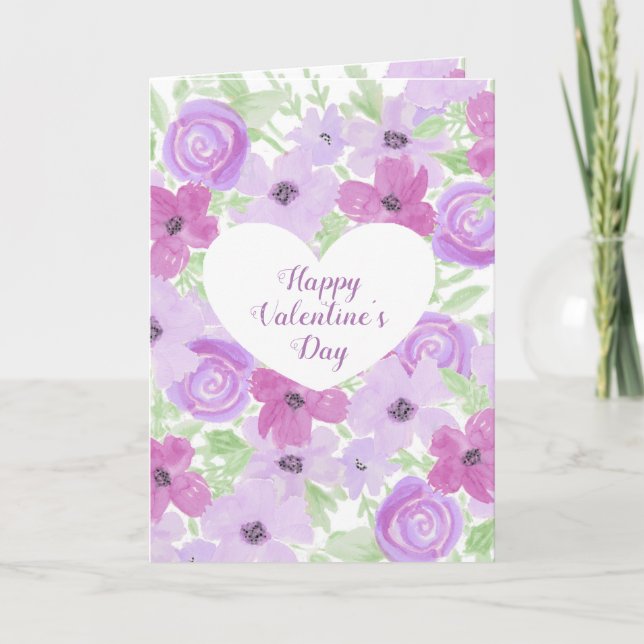 Happy Valentine's Day Pretty Purple Floral Card (Front)