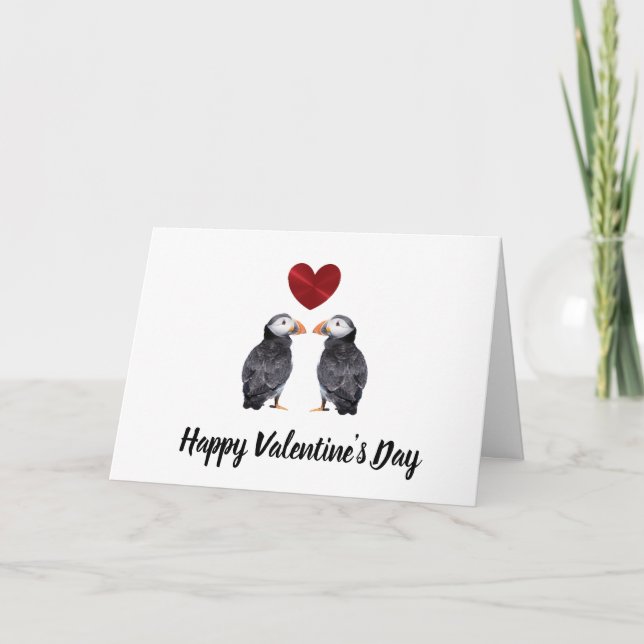 Happy Valentine's Day Puffins & Heart Card (Front)