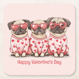 Happy Valentines Day Pug Dogs Square Paper Coaster