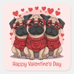 Happy Valentines Day Pug Dogs Square Sticker
