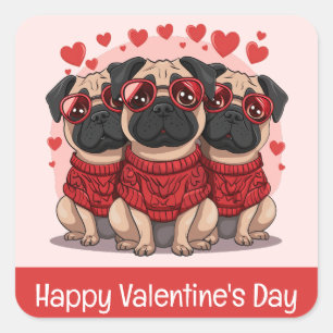 Happy Valentines Day Pug Dogs Square Sticker
