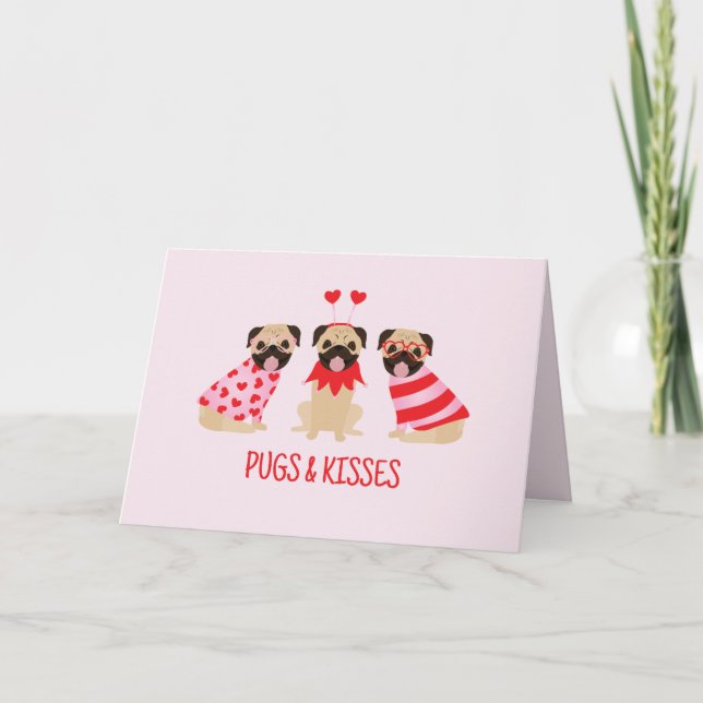 Happy Valentines Day Pugs And Kisses Cute Pug Dogs Holiday Card (Front)