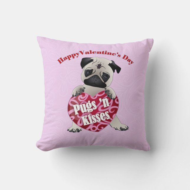 Happy Valentines Day Pugs N Kisses Pug Tees, Gifts Cushion (Front)