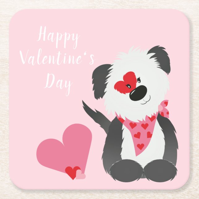 Happy Valentines Day Puppy Hearts Pink Square Paper Coaster (Front)