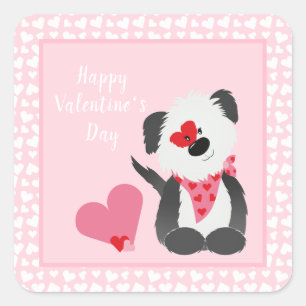 Happy Valentines Day Puppy Hearts Pink Square Sticker