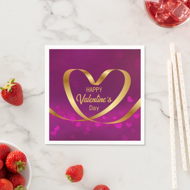 Happy Valentine's Day Purple Gold Heart Ribbon Napkin (Insitu)