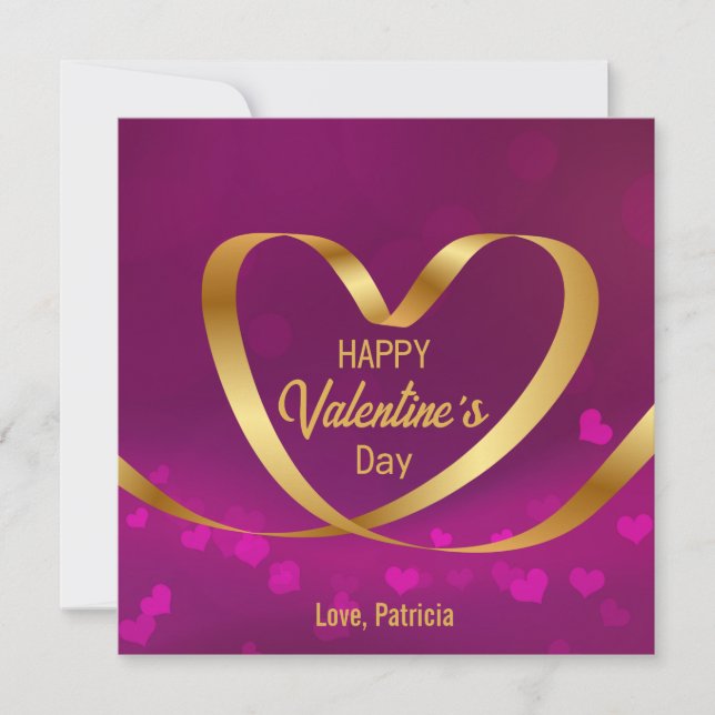 Happy Valentine's Day Purple Heart Gold Ribbon Holiday Card (Front)