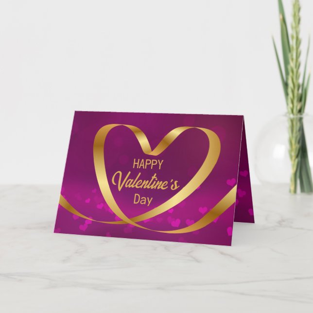 Happy Valentine's Day Purple Ribbon Heart Gold Holiday Card (Front)