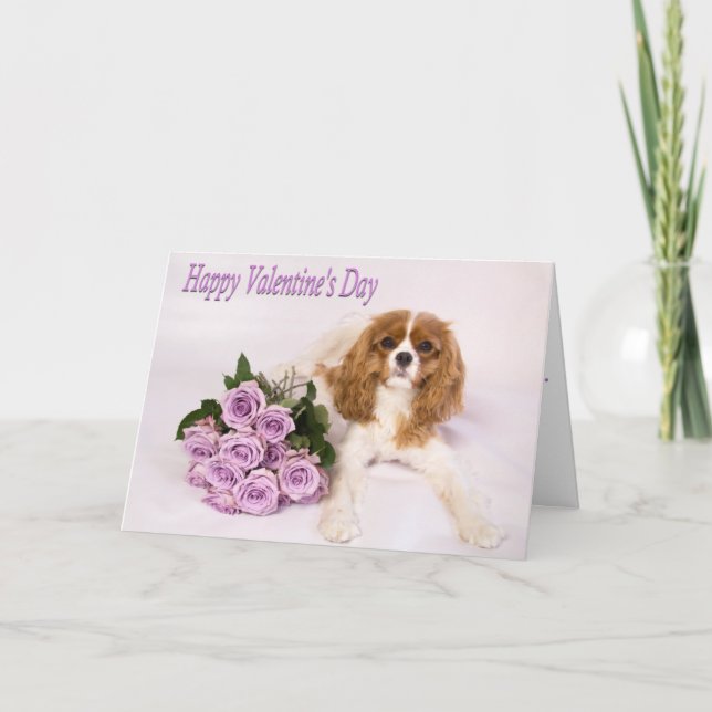 Happy Valentine's Day Purple Roses & Puppy Holiday Card (Front)