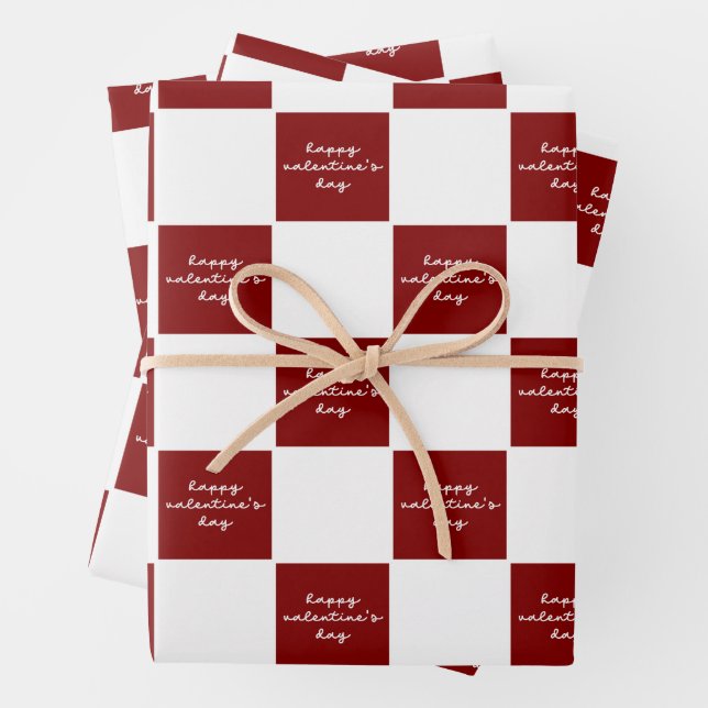 Happy Valentine's Day Red and White Check Pattern Wrapping Paper Sheet (In situ)