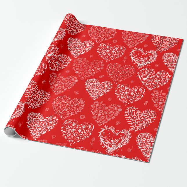 Happy Valentine's Day Red and White Hearts Wrapping Paper (Unrolled)