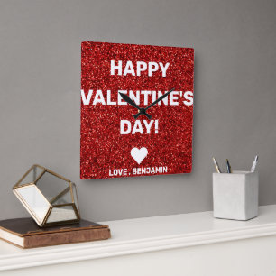 Happy Valentine's Day Red Glitter Custom Name  Square Wall Clock