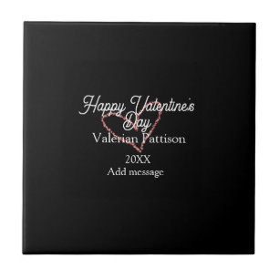 Happy Valentine's day red glitter heart black name Ceramic Tile