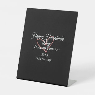Happy Valentine's day red glitter heart black name Pedestal Sign