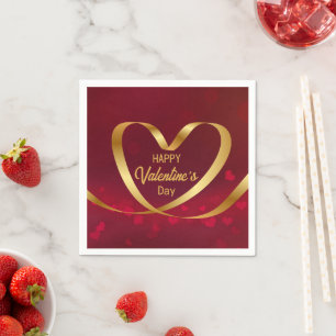 Happy Valentine's Day Red Gold Heart Ribbon Napkin
