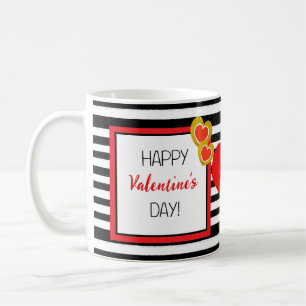 Happy Valentine's Day Red Heart Black White Stripe Coffee Mug
