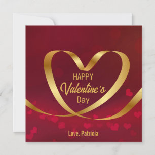 Happy Valentine's Day Red Heart Gold Ribbon Holiday Card