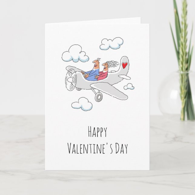 Happy Valentine's Day Red Heart Lovers Airplane Holiday Card (Front)