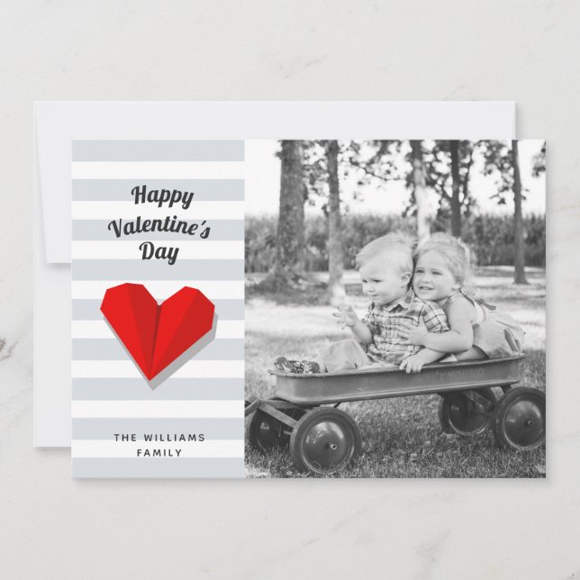 Happy Valentine's Day Red Heart Origami Photo Holiday Card (Front)