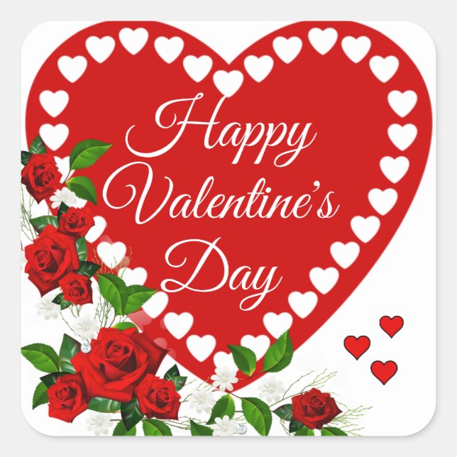 Happy Valentine's Day Red Heart & Roses Square Sticker (Front)