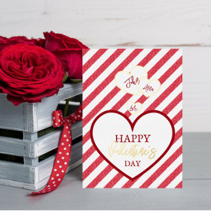 Happy Valentine's Day Red Hearts Chalk Stripes Foil Holiday Card