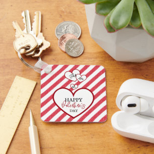 Happy Valentine's Day Red Hearts Chalk Stripes Key Ring