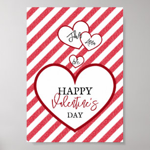 Happy Valentine's Day Red Hearts Chalk Stripes Poster